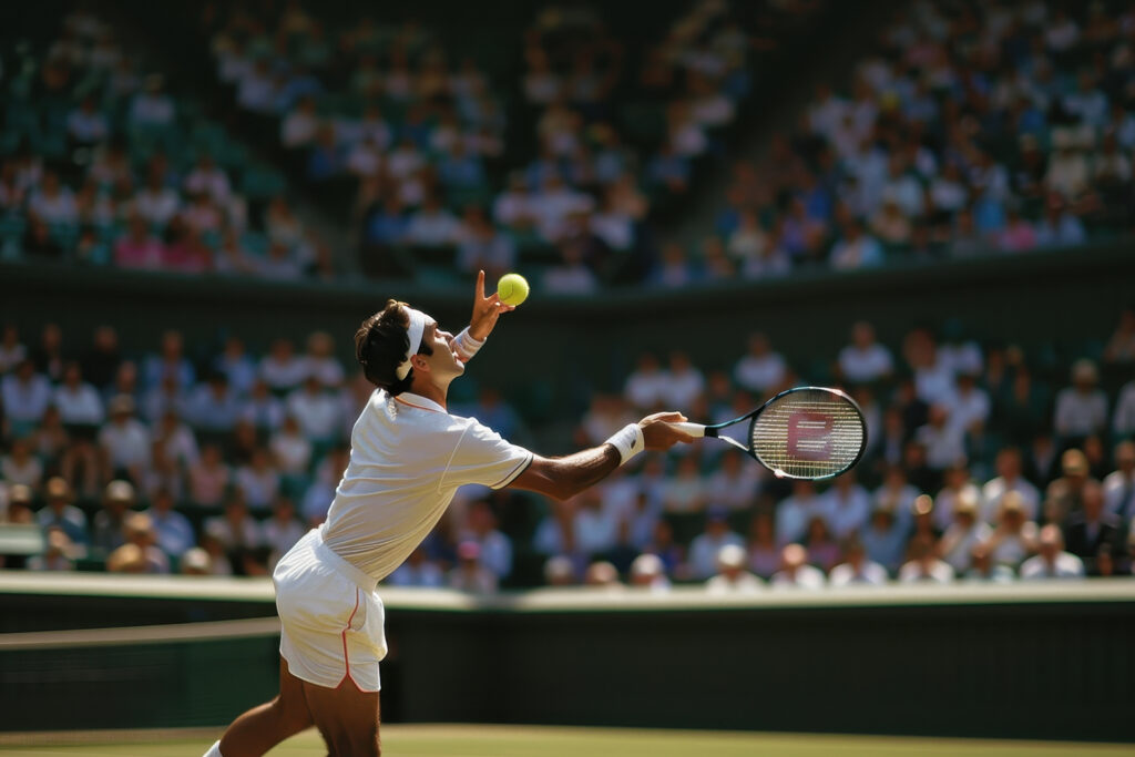 Jugador de tenis con pelota y raqueta, mientras al fondo espectadores