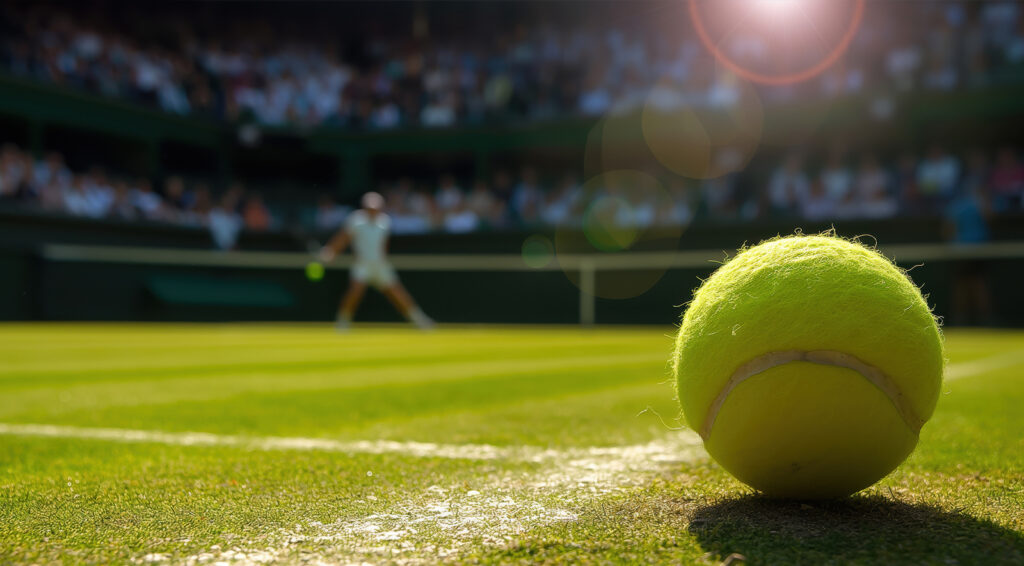Pelota de tenis en primer plano y al fondo un jugador con raqueta y detrás espectadores desenfocados