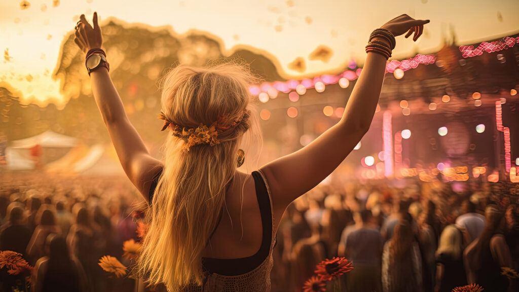 Mujer de espaldas y personas en un festival de música