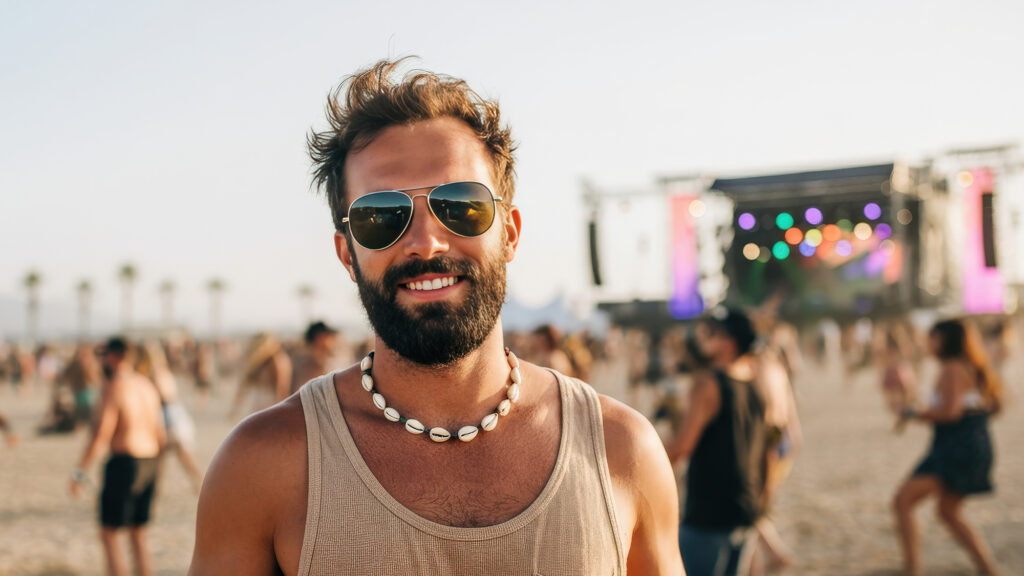 Hombre de frente con lentes de sol y detrás personas y un escenario