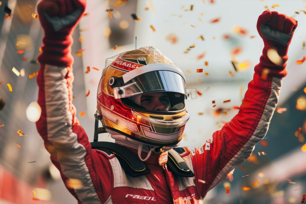 ganado de corredor de autos celebrando