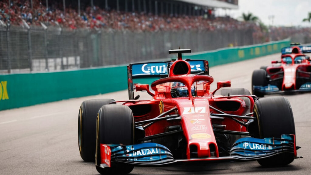 auto deportivo en primer plano de color rojo y detrás aficionados de la formula 1