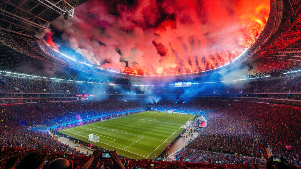 Estadio de fútbol soccer en una vista nocturna con fuegos artificiales rojos