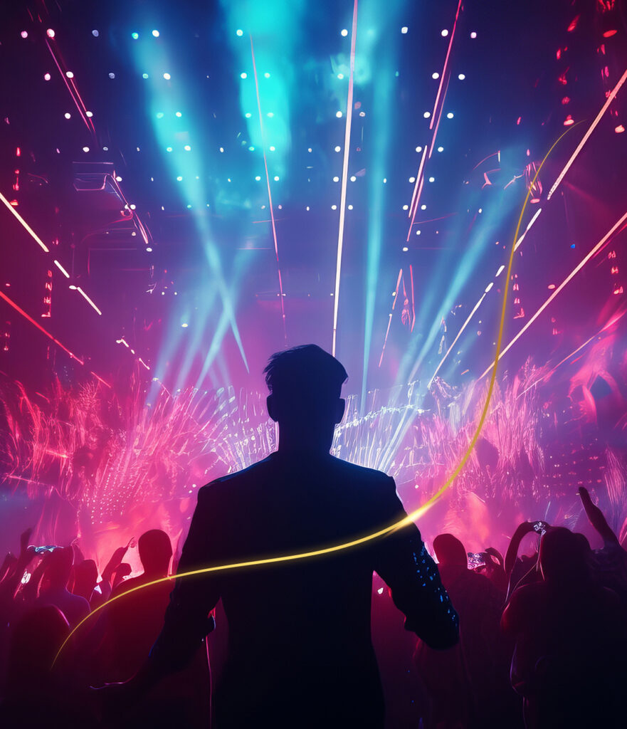 silueta de hombre en un concierto con varias personas en segundo plano